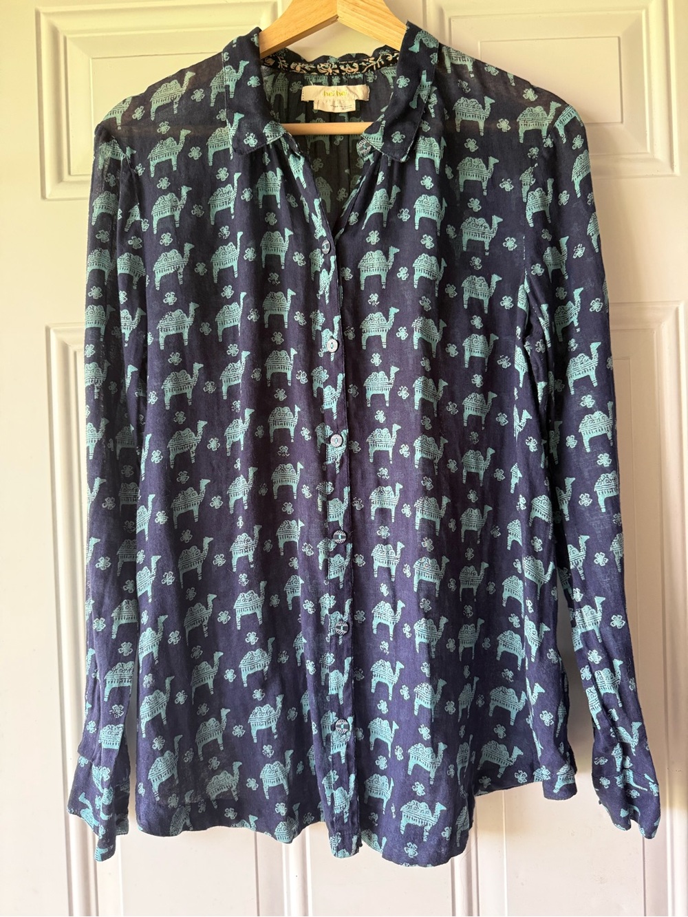 Anthropologie hei hei Navy Cotton Sheer Button Down w/Camel Print